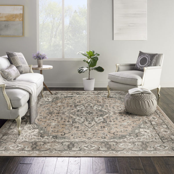 HomeRoots 8' Beige and Gray Medallion Area Rug – Distressed Geometric Design for Stylish Living Spaces 8' Square 545148
