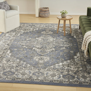 HomeRoots 5' Blue and Ivory Medallion Area Rug - Power Loomed Distressed Design for Timeless Elegance 5' X 7' 545151