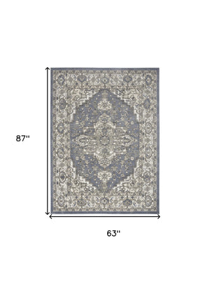 Homeroots 5' X 7' Blue And Ivory Medallion Power Loom Distressed Area Rug  Polypropylene,Polyester 545151