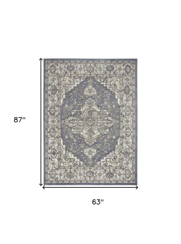 Homeroots 5' X 7' Blue And Ivory Medallion Power Loom Distressed Area Rug  Polypropylene,Polyester 545151