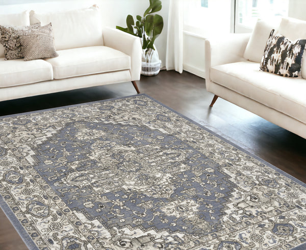 Homeroots 8' X 10' Blue And Ivory Medallion Power Loom Distressed Area Rug  Polypropylene,Polyester 545152