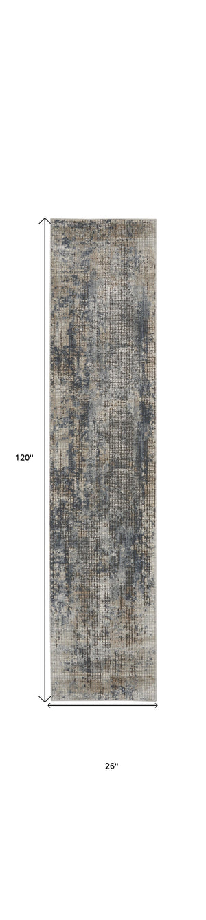 Homeroots 10' Runner Beige And Blue Abstract Power Loom Distressed Runner Rug  Polypropylene,Polyester 545153