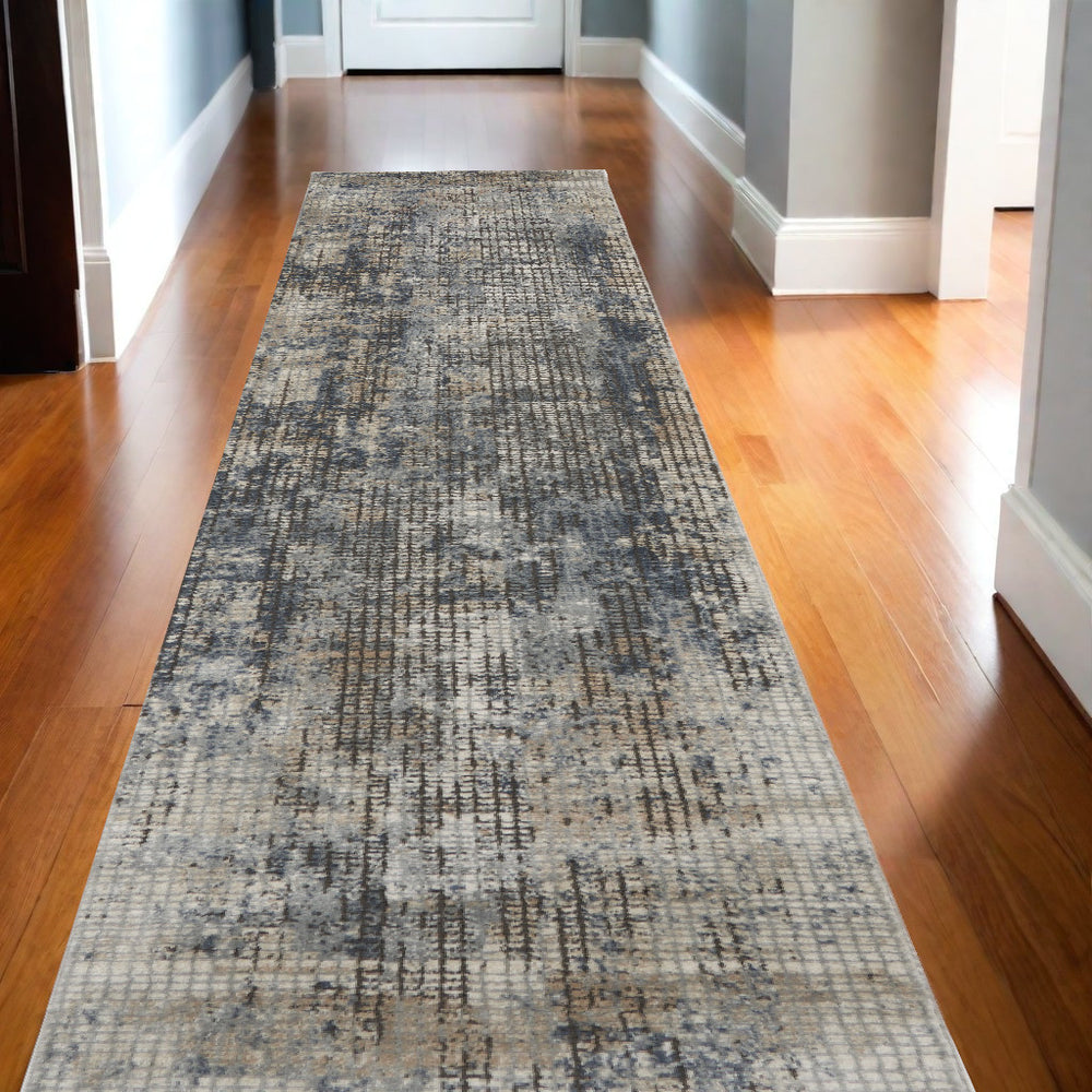 Homeroots 10' Runner Beige And Blue Abstract Power Loom Distressed Runner Rug  Polypropylene,Polyester 545153