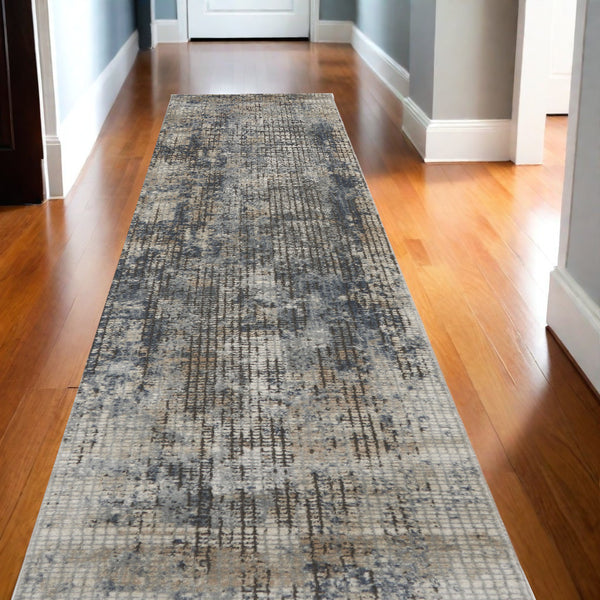 Homeroots 10' Runner Beige And Blue Abstract Power Loom Distressed Runner Rug  Polypropylene,Polyester 545153