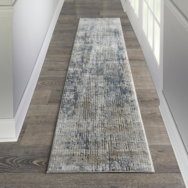 Homeroots 10' Runner Beige And Blue Abstract Power Loom Distressed Runner Rug  Polypropylene,Polyester 545153