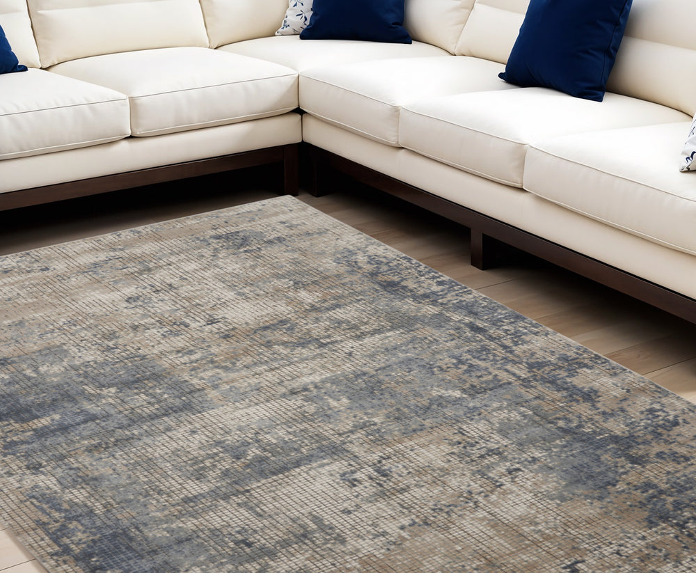 Homeroots 8' X 10' Beige And Blue Abstract Power Loom Distressed Area Rug  Polypropylene,Polyester 545155