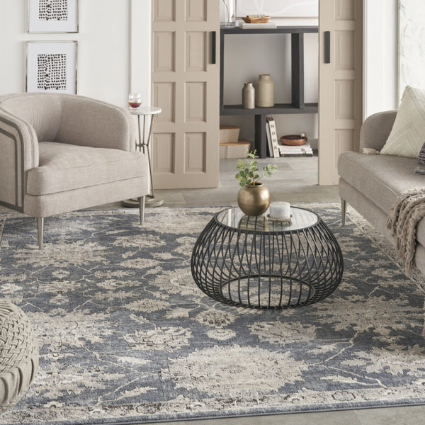 HomeRoots 9' Elegant Beige and Blue Floral Medallion Area Rug - Durable Power Loomed Design for Any Room 8' X 10' 545158