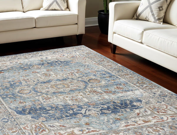 Homeroots 7' X 10' Blue And Ivory Medallion Power Loom Distressed Area Rug  Polypropylene,Polyester 545160