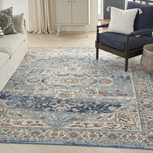 HomeRoots 7' Blue and Ivory Medallion Area Rug - Timeless Elegance with Durable Power Loom Construction for Any Room 7' X 10' 545160