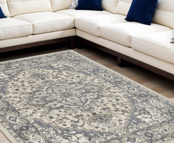 HomeRoots 8' Blue and Ivory Medallion Area Rug – Vintage Charm with Durable, Easy-Care Design for Any Room 8' X 10' 545165