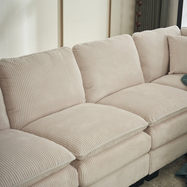 English Elm Modern U Shaped 6-Seat Sectional Sofa with Ottoman and 3 Toss Pillows, Corduroy Modular Comfort and Durable Frame White W2363S00039