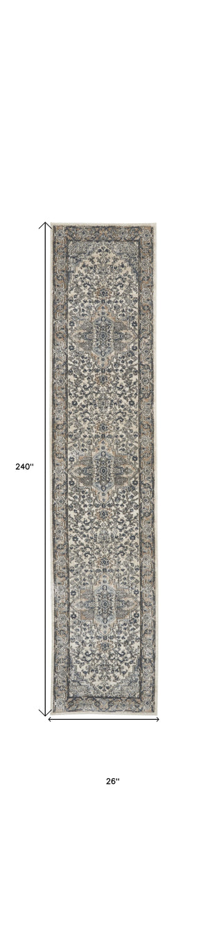 Homeroots 20' Runner Gray And Ivory Medallion Power Loom Distressed Runner Rug  Polypropylene,Polyester 545176