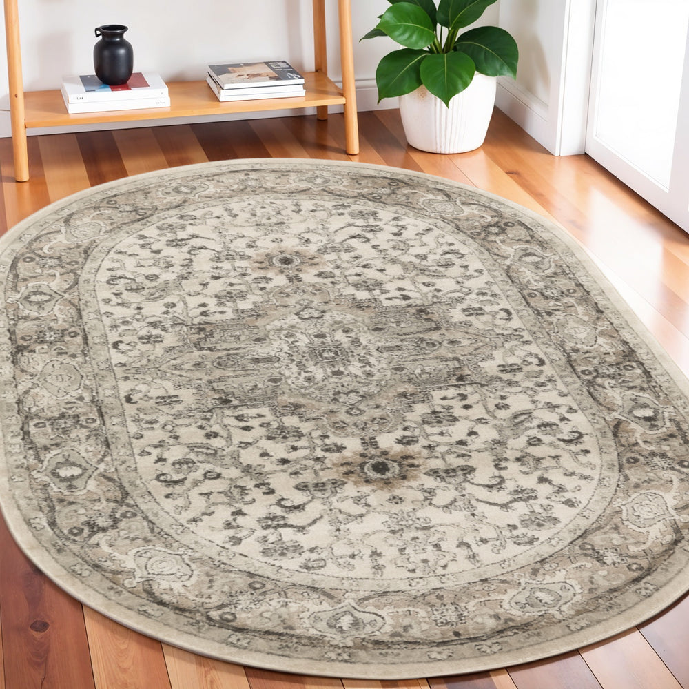 Homeroots 5' X 8' Gray And Ivory Medallion Power Loom Distressed Area Rug  Polypropylene,Polyester 545178