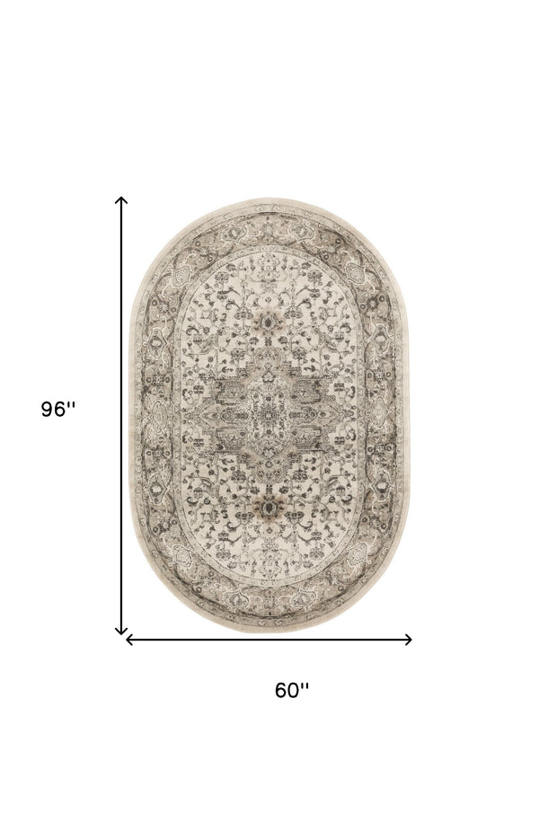 Homeroots 5' X 8' Gray And Ivory Medallion Power Loom Distressed Area Rug  Polypropylene,Polyester 545178