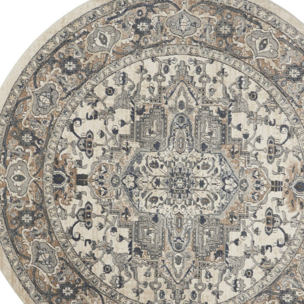 Homeroots 10' Gray And Ivory Round Medallion Power Loom Distressed Area Rug  Polypropylene,Polyester 545181