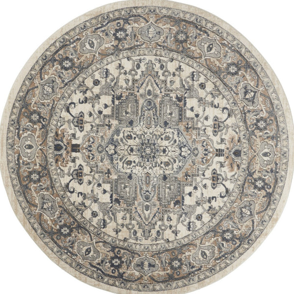 Homeroots 10' Gray And Ivory Round Medallion Power Loom Distressed Area Rug  Polypropylene,Polyester 545181