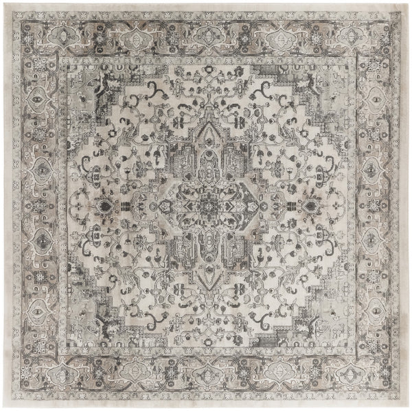Homeroots 10' Gray And Ivory Square Medallion Power Loom Distressed Area Rug  Polypropylene,Polyester 545182