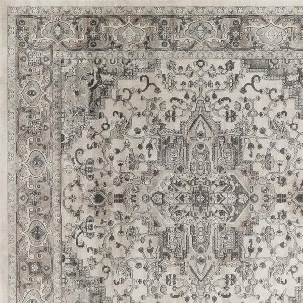 Homeroots 10' Gray And Ivory Square Medallion Power Loom Distressed Area Rug  Polypropylene,Polyester 545182
