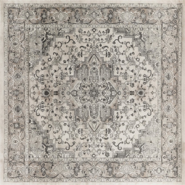Homeroots 10' Gray And Ivory Square Medallion Power Loom Distressed Area Rug  Polypropylene,Polyester 545182