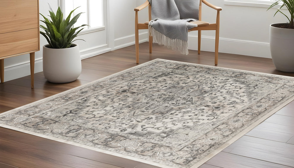 Homeroots 10' Gray And Ivory Square Medallion Power Loom Distressed Area Rug  Polypropylene,Polyester 545182