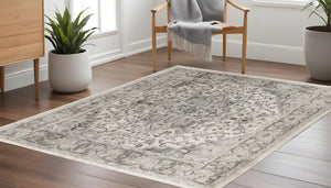 Homeroots 10' Gray And Ivory Square Medallion Power Loom Distressed Area Rug  Polypropylene,Polyester 545182