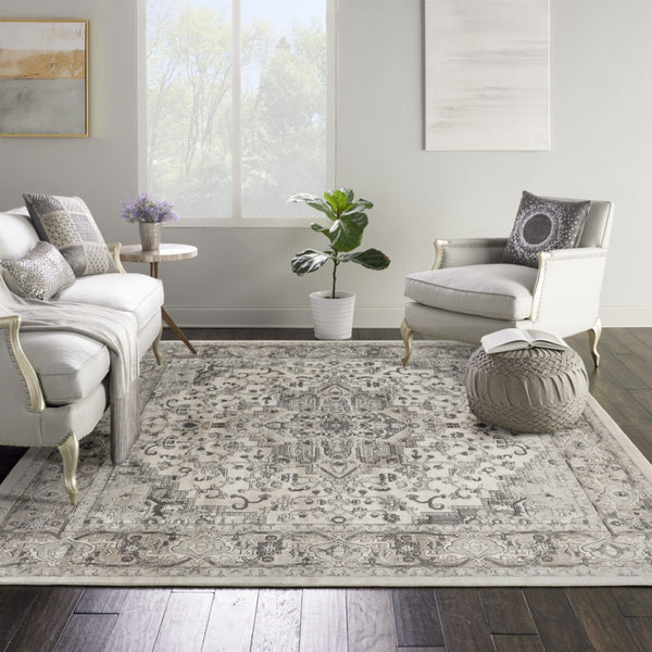 HomeRoots 12' Elegant Ivory and Gray Medallion Area Rug for Living Rooms - Soft, Durable, Easy Care Design 10' Square 545182