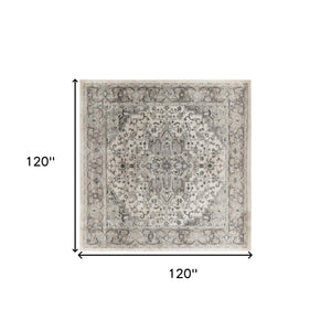 Homeroots 10' Gray And Ivory Square Medallion Power Loom Distressed Area Rug  Polypropylene,Polyester 545182