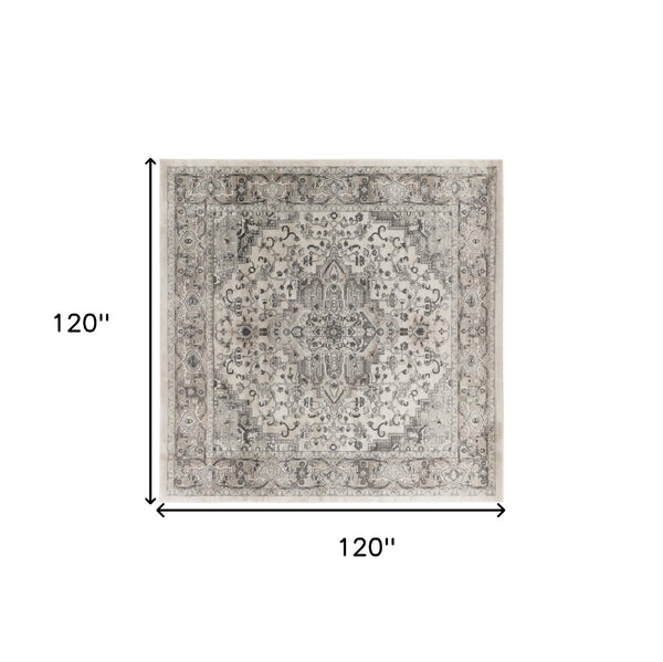 Homeroots 10' Gray And Ivory Square Medallion Power Loom Distressed Area Rug  Polypropylene,Polyester 545182