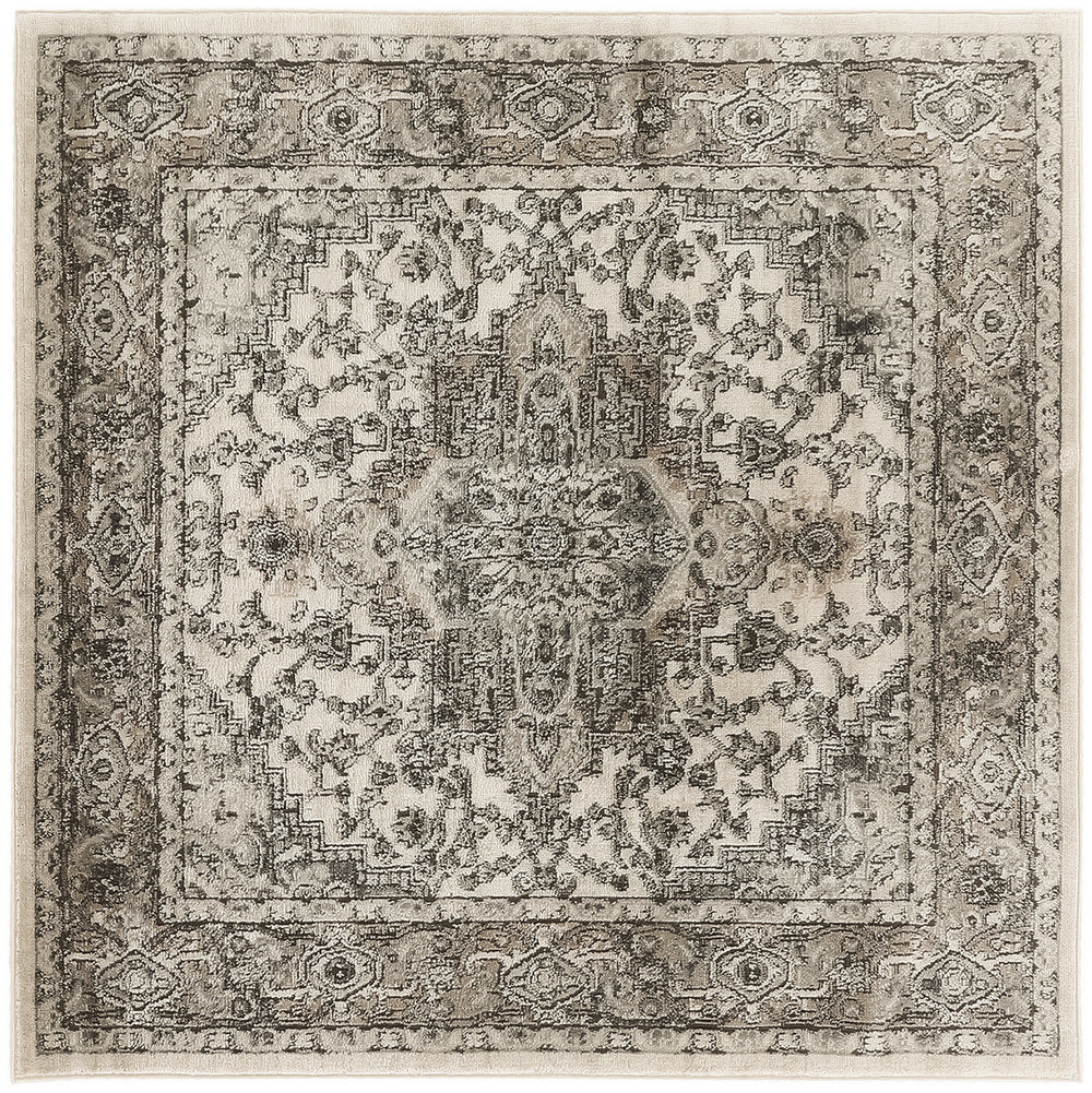 Homeroots 5' Gray And Ivory Square Medallion Power Loom Distressed Area Rug  Polypropylene,Polyester 545184