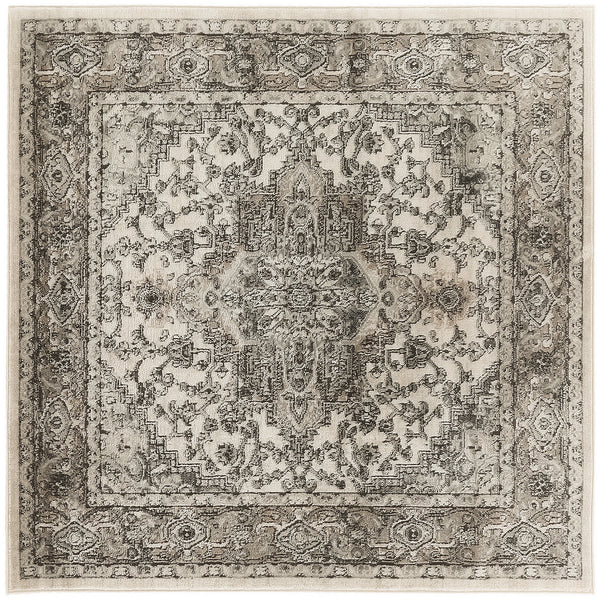 Homeroots 5' Gray And Ivory Square Medallion Power Loom Distressed Area Rug  Polypropylene,Polyester 545184