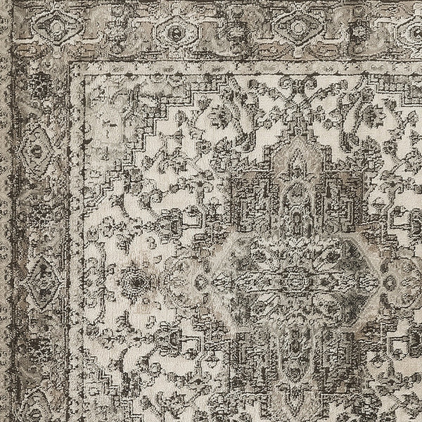 Homeroots 5' Gray And Ivory Square Medallion Power Loom Distressed Area Rug  Polypropylene,Polyester 545184
