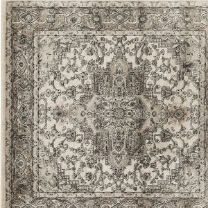 Homeroots 5' Gray And Ivory Square Medallion Power Loom Distressed Area Rug  Polypropylene,Polyester 545184