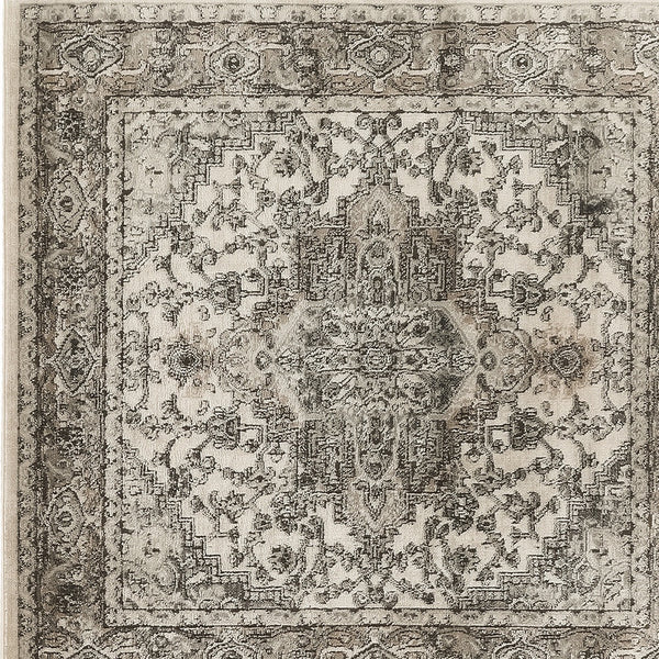 Homeroots 5' Gray And Ivory Square Medallion Power Loom Distressed Area Rug  Polypropylene,Polyester 545184