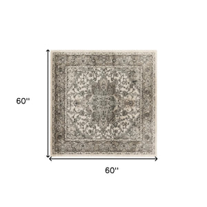 Homeroots 5' Gray And Ivory Square Medallion Power Loom Distressed Area Rug  Polypropylene,Polyester 545184