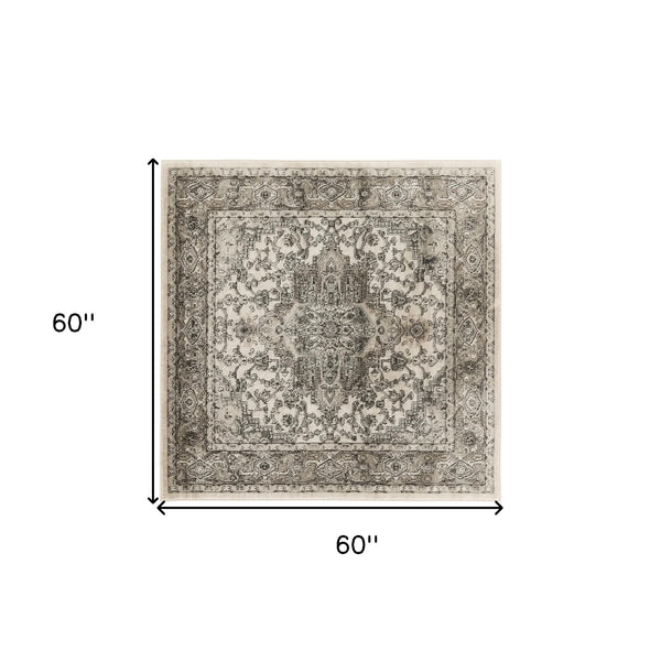 Homeroots 5' Gray And Ivory Square Medallion Power Loom Distressed Area Rug  Polypropylene,Polyester 545184