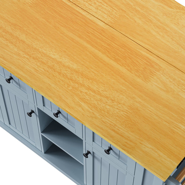 English Elm K&k 53 Inch Kitchen Island Set with Bar Stools Power Outlet Drop Leaf and Storage Grey-Blue N707S003007G