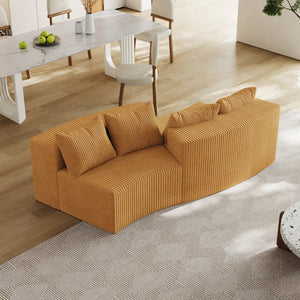 English Elm Corduroy Curved Sectional Sofa with Four Pillows — Modular Semi-Circular Plush Cloud Seating Comfort Yellow W834P232287
