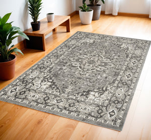 Homeroots 4' X 6' Gray And Ivory Medallion Power Loom Distressed Area Rug  Polypropylene,Polyester 545205