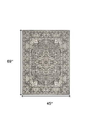 Homeroots 4' X 6' Gray And Ivory Medallion Power Loom Distressed Area Rug  Polypropylene,Polyester 545205