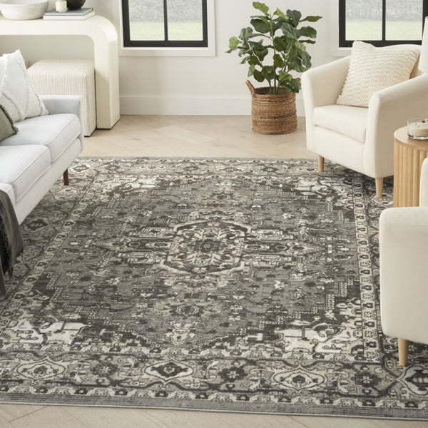 HomeRoots 8' Gray and Ivory Medallion Area Rug - Timeless Distressed Design for Classic Home Elegance 8' X 10' 545208