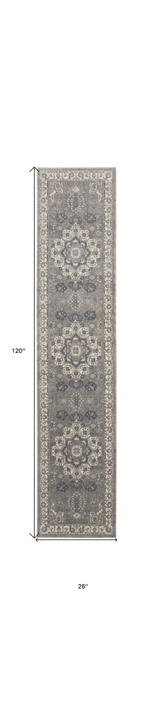 Homeroots 10' Runner Beige Ivory And Gray Medallion Power Loom Runner Rug  Polypropylene,Polyester 545212