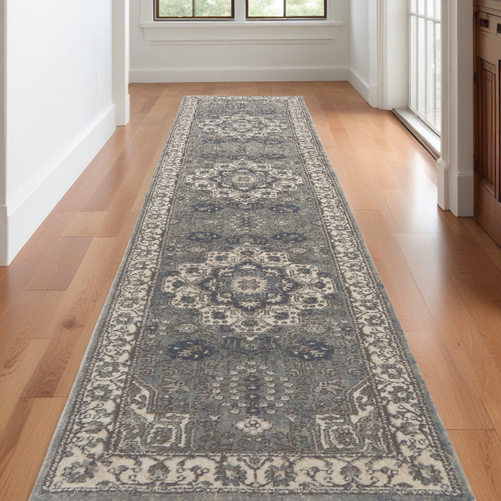 Homeroots 10' Runner Beige Ivory And Gray Medallion Power Loom Runner Rug  Polypropylene,Polyester 545212