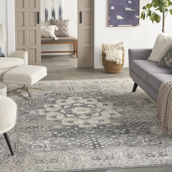 HomeRoots 9' Gray and Ivory Medallion Power Loom Area Rug - Timeless Elegance for Living Rooms & Bedrooms 7' X 10' 545213