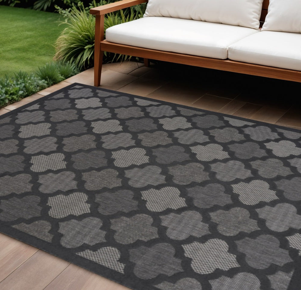 HomeRoots 10' Charcoal and Black Trellis Rug - Durable Indoor Outdoor Area Carpet for High-Traffic Spaces 545216