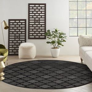 HomeRoots 10' Charcoal and Black Round Trellis Rug - Durable Outdoor & Indoor Area Rug for Style & Versatility 545218