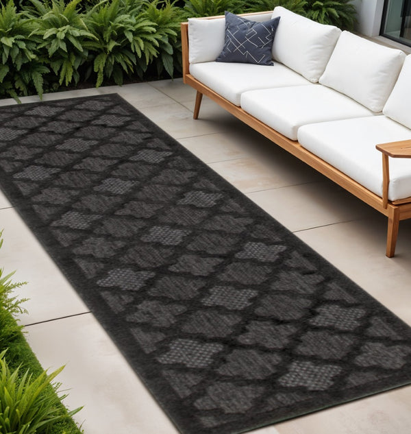 HomeRoots 20' Charcoal and Black Trellis Runner Rug - Durable Indoor/Outdoor Floor Protection with Classic Style 545222