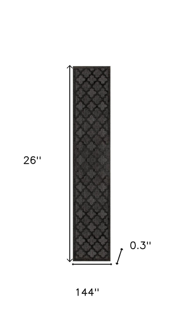 HomeRoots 20' Charcoal and Black Trellis Runner Rug - Durable Indoor/Outdoor Floor Protection with Classic Style 545222
