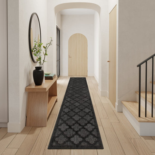 HomeRoots 20' Charcoal and Black Trellis Runner Rug - Durable Indoor/Outdoor Floor Protection with Classic Style 545222