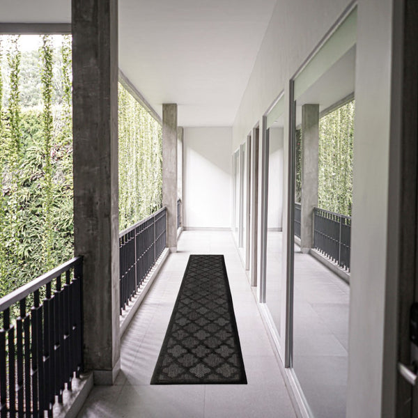 HomeRoots 20' Charcoal and Black Trellis Runner Rug - Durable Indoor/Outdoor Floor Protection with Classic Style 545222