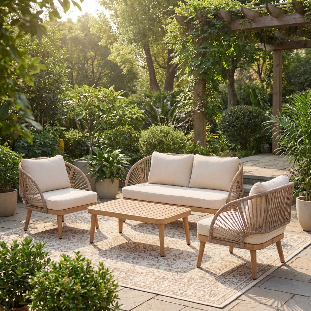 English Elm 4-piece Acacia Outdoor Lounge Set with Rope Woven Arms Slatted Table and Cushions N767P368978L